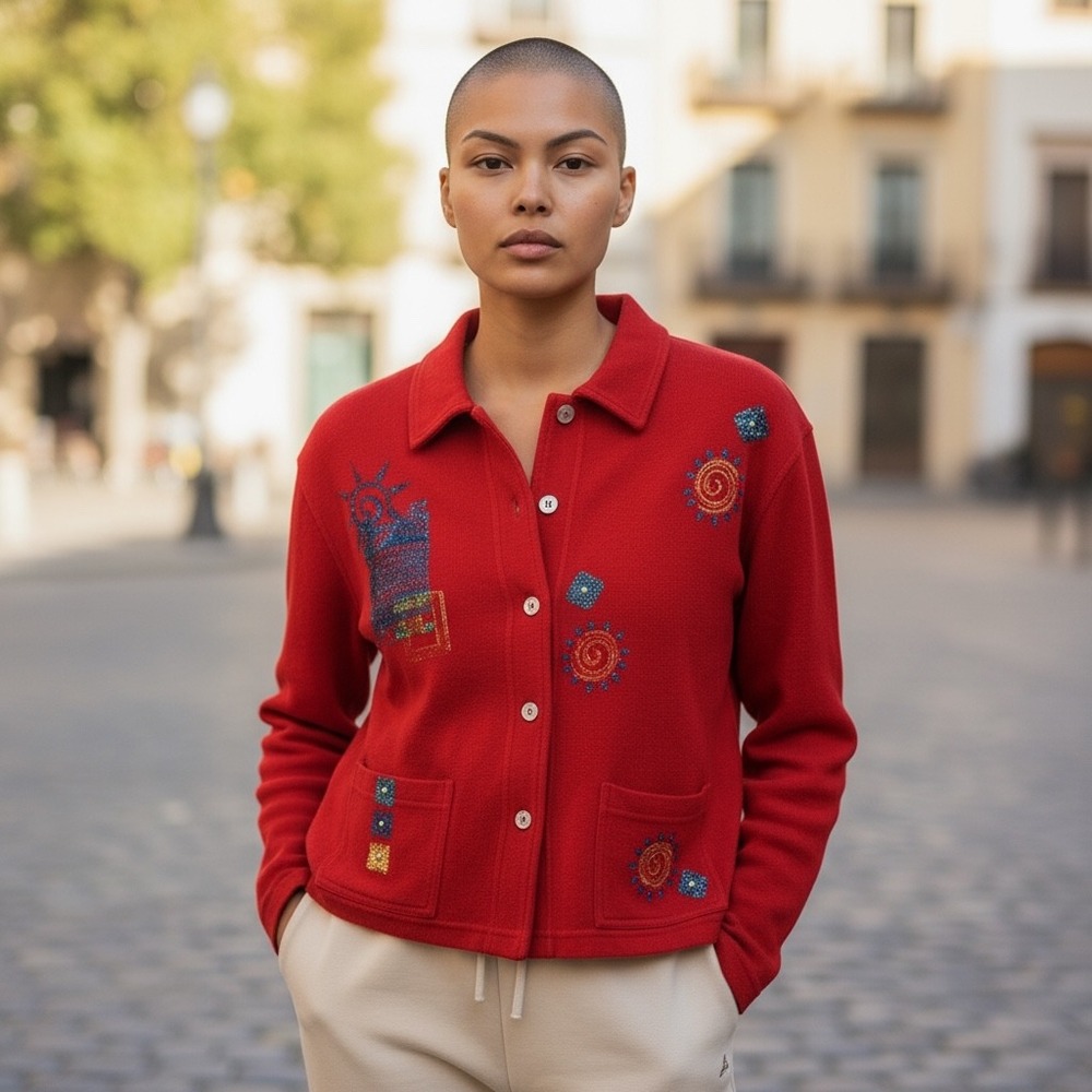 Prairie Red Natural Cotton Art to Wear Coastal‎ Grandmacore Button Up Jacket M